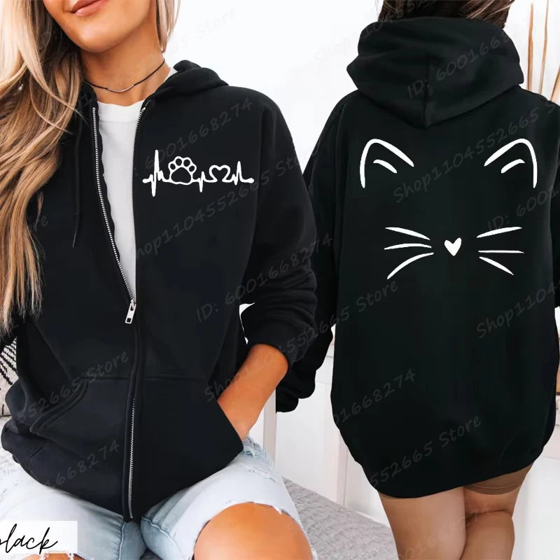 Felpe con cerniera da donna Autunno Inverno New Cute Cat Heatbeat Line Print Felpe con cappuccio Hip Hop Streetwear Donna Zip Up Jacket Cappotto Abbigliamento