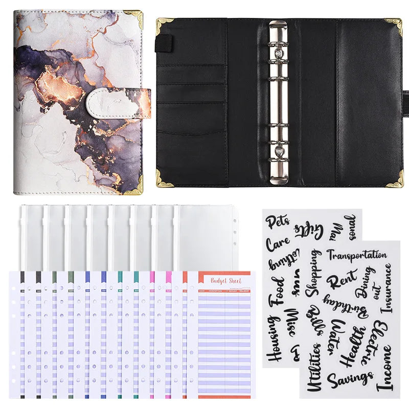1spc budget card 12 sheets+zipper bag 8 sheets+2 sheets English stickers A6 leather retro marble pattern copper corner accountin