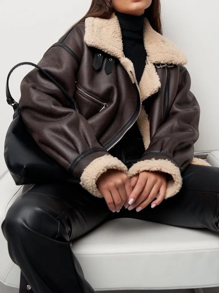 Ailegogo Streetwear Giacca da donna in pelliccia di agnello allentata calda in ecopelle Cintura vintage con cerniera femminile Cappotto spesso chic impiombato