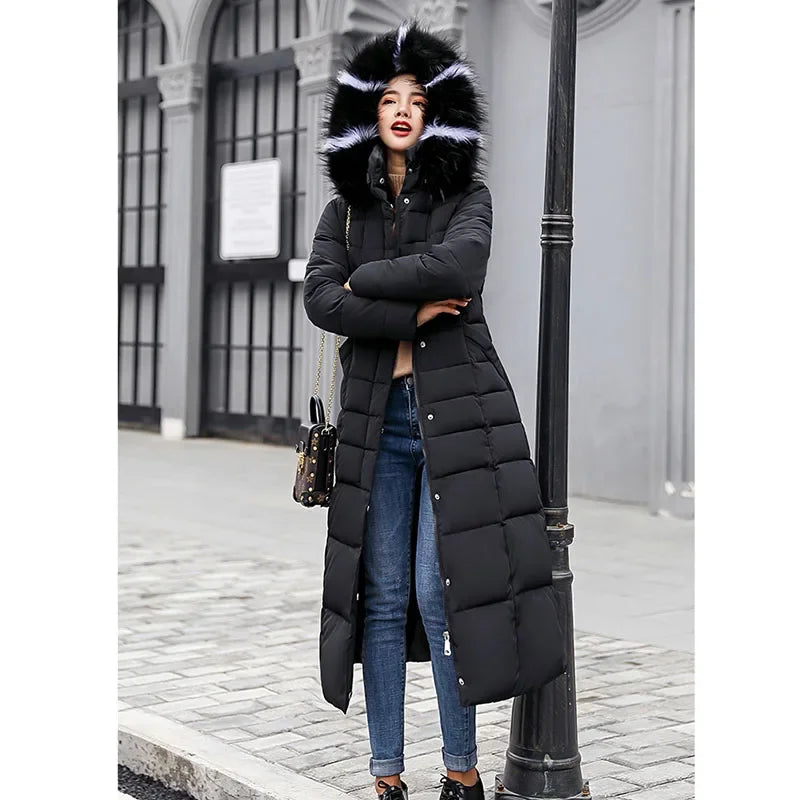 Cappotto Parka lungo in cotone piumino femminile nuovo inverno sopra il ginocchio ampio collo in pelliccia con cappuccio caldo parka spesso soprabito imbottito da donna
