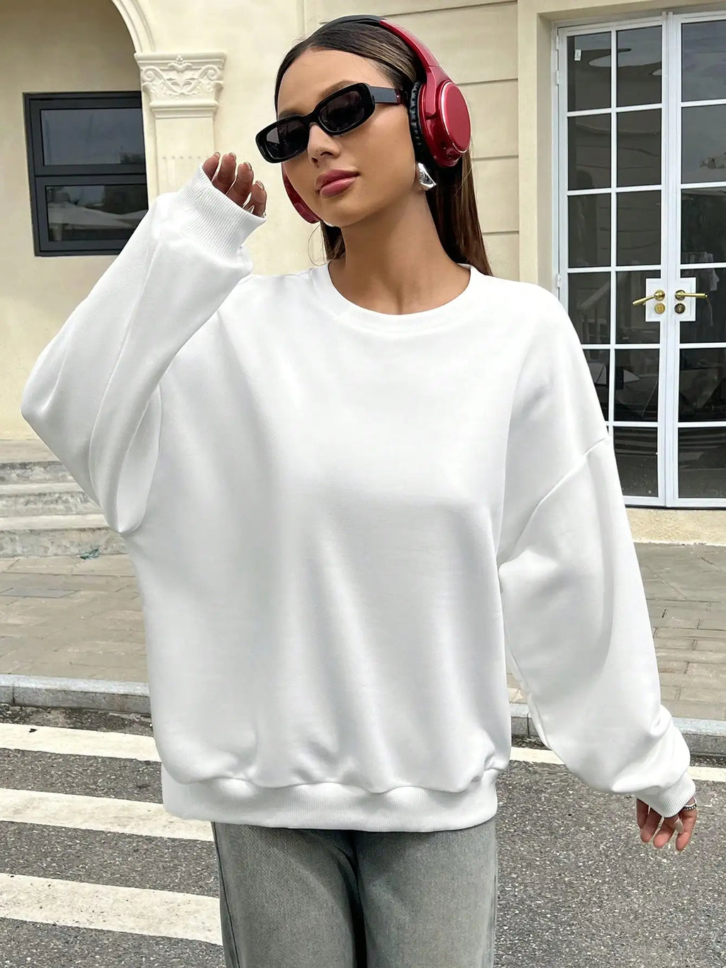 Felpa da Donna Primaverile Bianca Traspirante, Pullover Tinta Unita, Top Casual Ampio per Tutte le Stagioni, Manica Lunga Sottile con Collo Rotondo