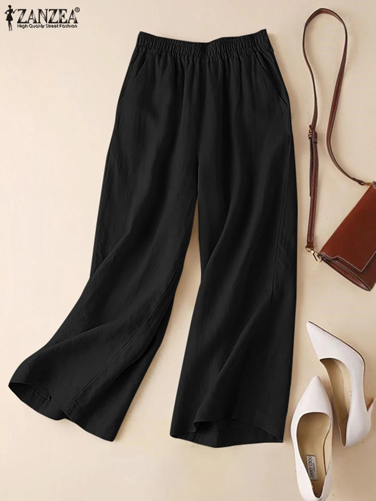 ZANZEA-Pantaloni Estivi da Donna in Cotone e Lino con Vita Elastica, Gamba Larga, Casual, Leggeri, Tinta Unita, Pantaloni Palazzo