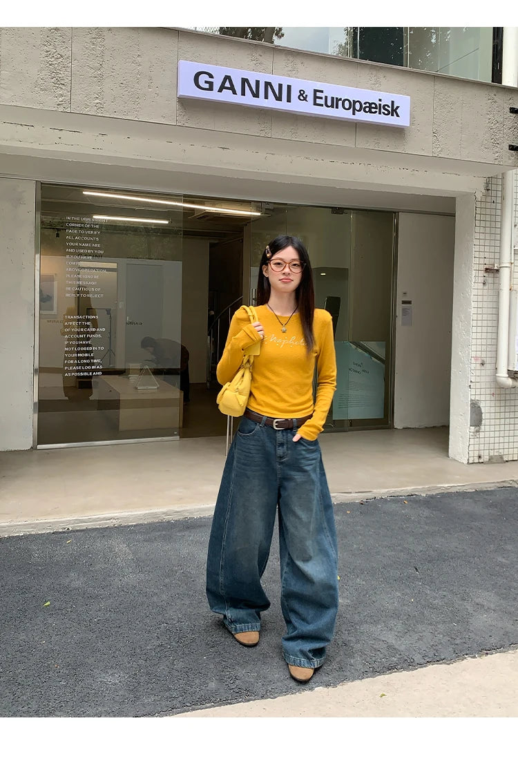 Jeans in denim blu a gamba dritta e vestibilità ampia da donna, pantaloni casual a gamba larga, comodi e rilassanti, stile coreano, per la primavera