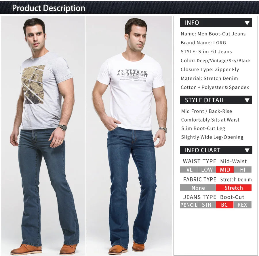 Jeans da uomo con taglio a stivale Pantaloni slim fit blu neri leggermente svasati Pantaloni classici in denim elasticizzato da uomo firmati