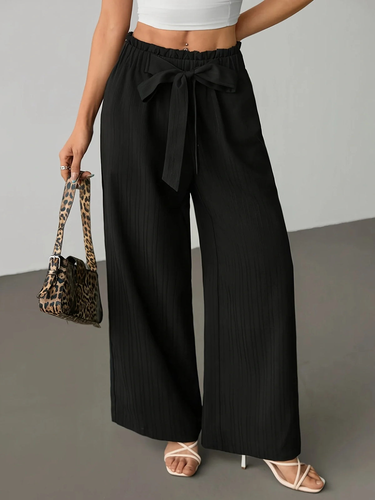 Pantaloni Larghi da Donna con Vita Arricciata e Laccio, Pantaloni Casual a Righe Drappeggiati, Pantaloni Dritti a Vita Alta e Lunghezza Maxi