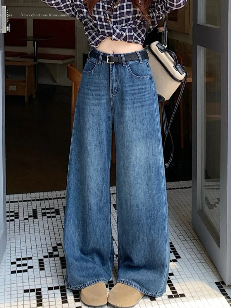Jeans a Vita Alta Stile Americano, Gamba Larga, per Donna, Autunno Inverno, Vestibilità Comoda, Pantaloni Lunghi, Taglio Dritto, Casual, Denim Blu, Effetto Snellente
