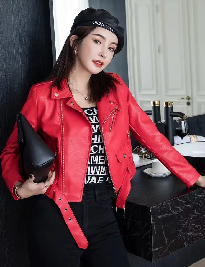 2025 Primavera Autunno Nuova giacca di pelle da donna Abbigliamento da moto Cappotto corto