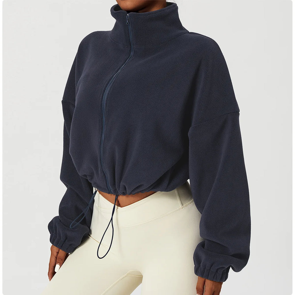 Felpa con cappuccio da donna in pile polare con zip, vestibilità ampia, top corto atletico con colletto rialzato, fori per i pollici e orlo con coulisse per l'autunno inverno