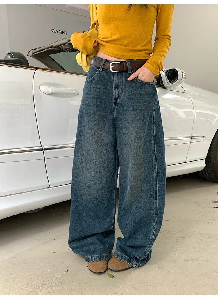 Jeans in denim blu a gamba dritta e vestibilità ampia da donna, pantaloni casual a gamba larga, comodi e rilassanti, stile coreano, per la primavera