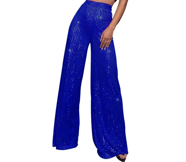 Pantaloni da donna, abbigliamento femminile, vestiti alla moda, pantaloni casual con paillettes, pantaloni eleganti, ampi e fluidi, a gamba larga, hwy5623