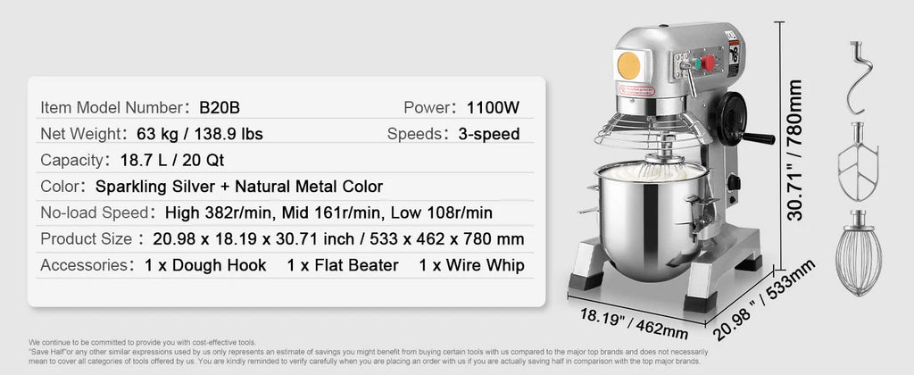 SucceBuy Commercial Food Mixer Commercial Stand Mixer with 3 Speeds Dough Mixer with Stainless Steel Bowl and 3 Attachments