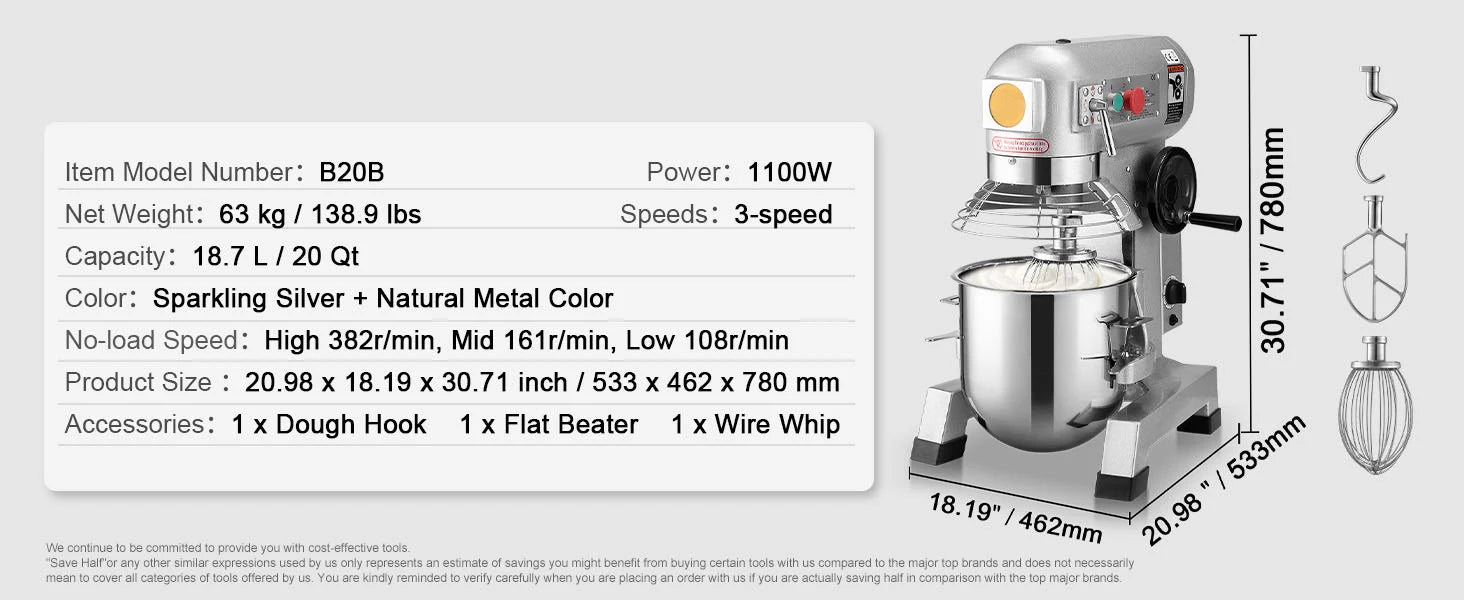 SucceBuy Commercial Food Mixer Commercial Stand Mixer with 3 Speeds Dough Mixer with Stainless Steel Bowl and 3 Attachments