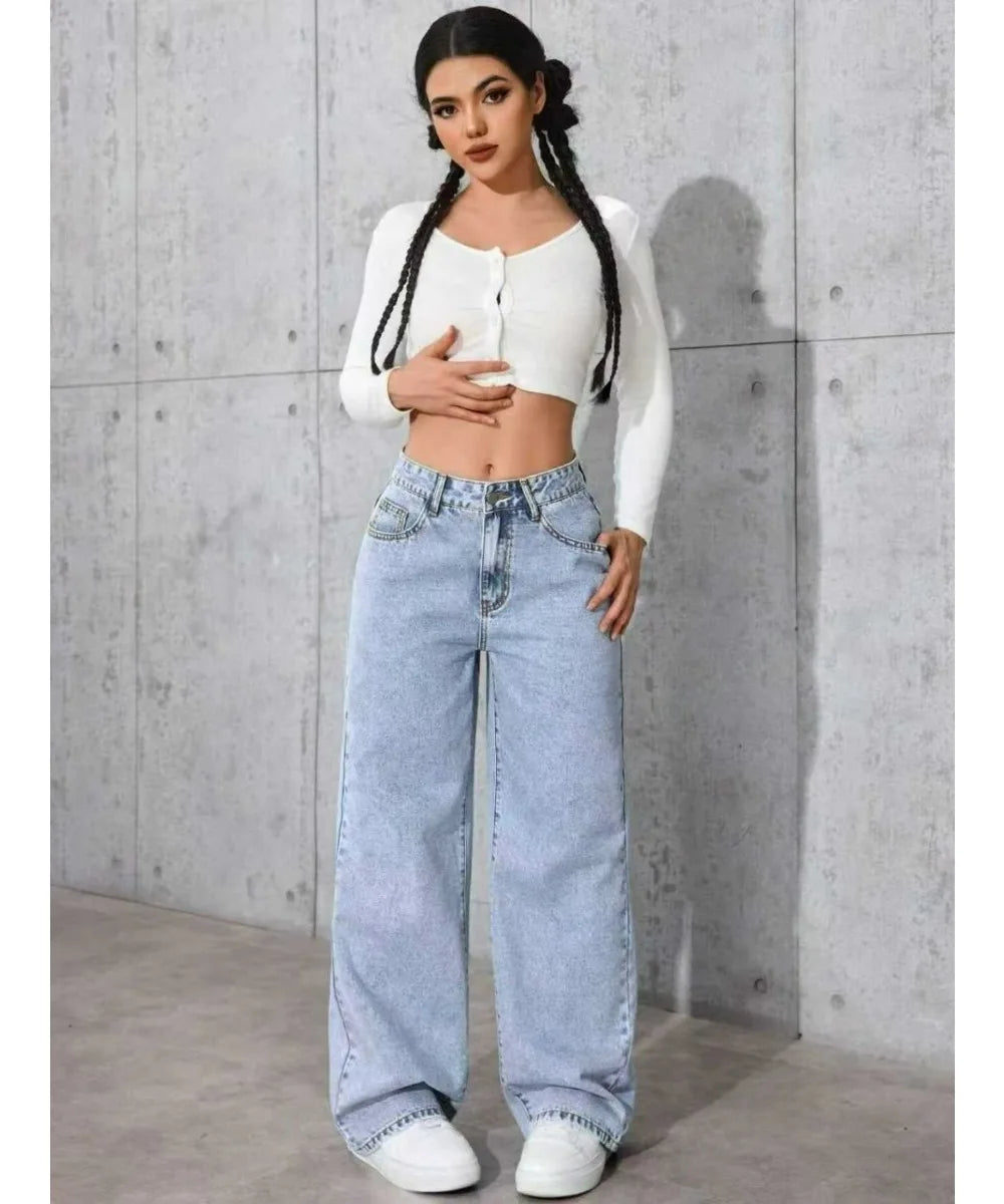 Jeans da donna in denim a gamba larga a gamba dritta Y2K Autunno Inverno 2025 Pantaloni larghi retrò stile coreano Jeans versatili da strada di moda