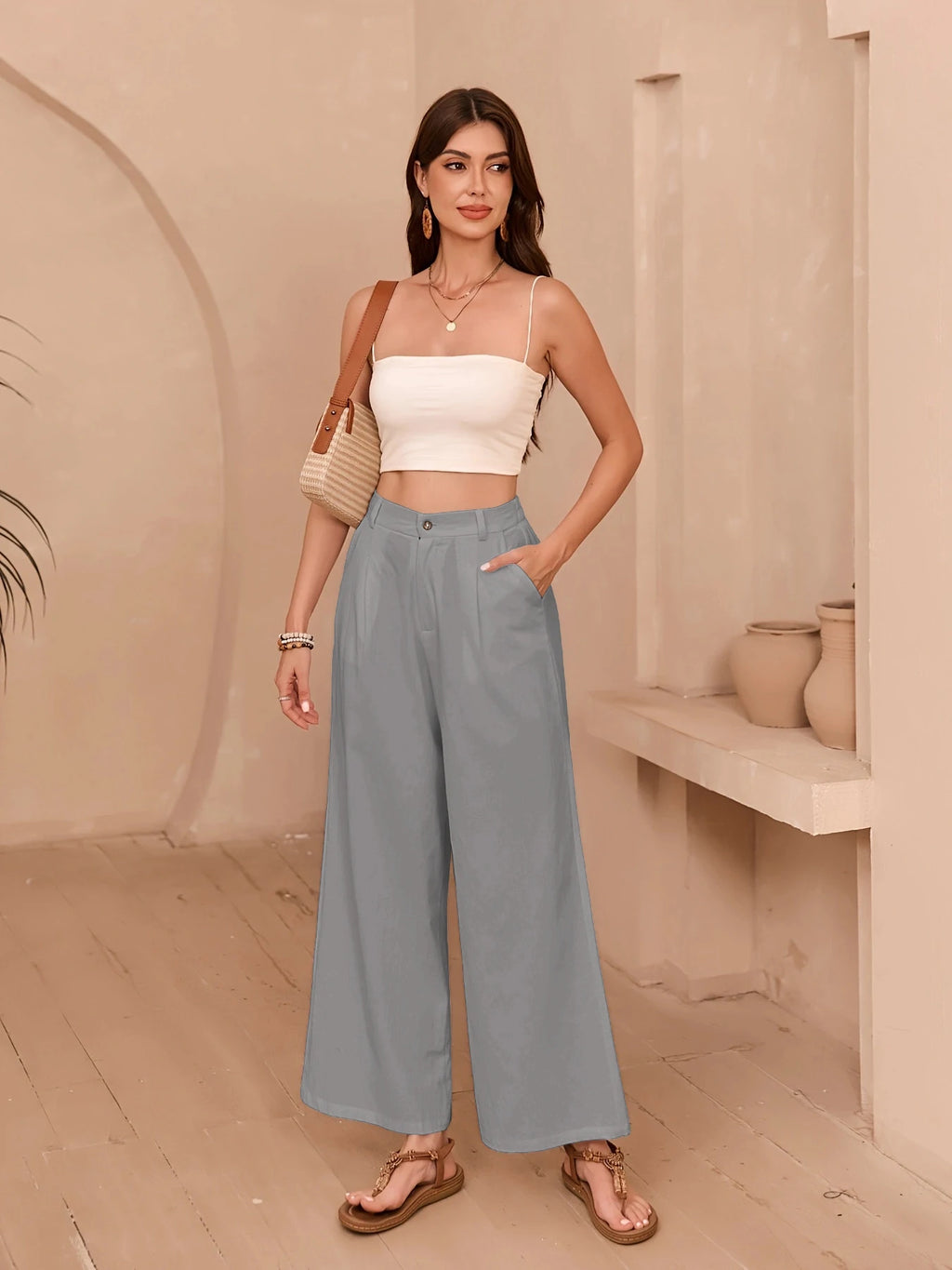 Eleganti Pantaloni Larghi in Lino Tinta Unita per Donne, Vita Alta, Casual Estivi, Morbidi e Snellenti, Lunghi per Primavera e Autunno