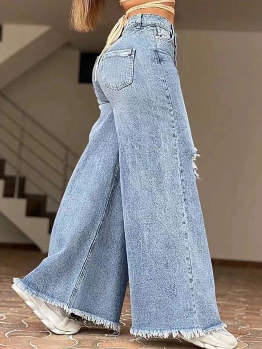 Pantaloni a gamba larga con foro ampio retrò a vita alta alla moda da donna Pantaloni lunghi da donna nuovi jeans lavati di colore chiaro