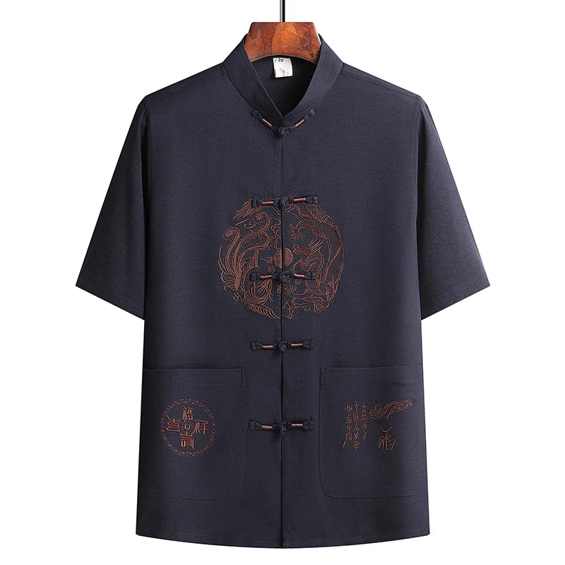 Lino (top + pantaloni) abito Tang cinese in lino arruffato di mezza età da uomo in stile cinese Hanfu nonno vestito in lino