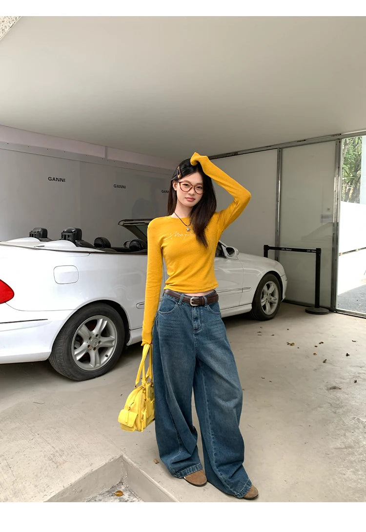 Jeans in denim blu a gamba dritta e vestibilità ampia da donna, pantaloni casual a gamba larga, comodi e rilassanti, stile coreano, per la primavera