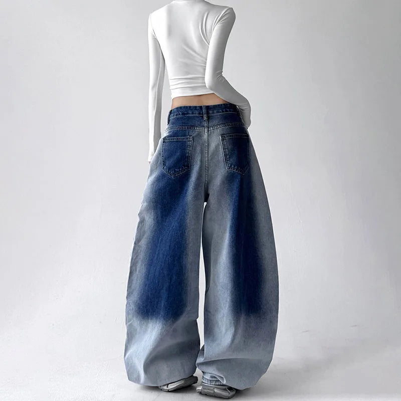 Jeans coreani retrò sfumati per donna Pantaloni a gamba dritta Pantaloni casual a gamba larga Jeans blu Pantaloni Y2k larghi senza pendente