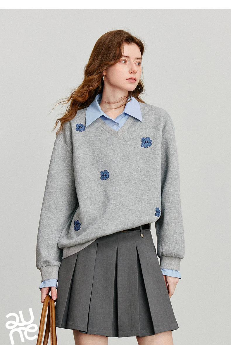 TOYOUTH Felpa da donna 2025 Autunno Nuovo Denim Fiore Ricamo Falso in due pezzi Splicing Colletto rovesciato Pullover casual in cotone