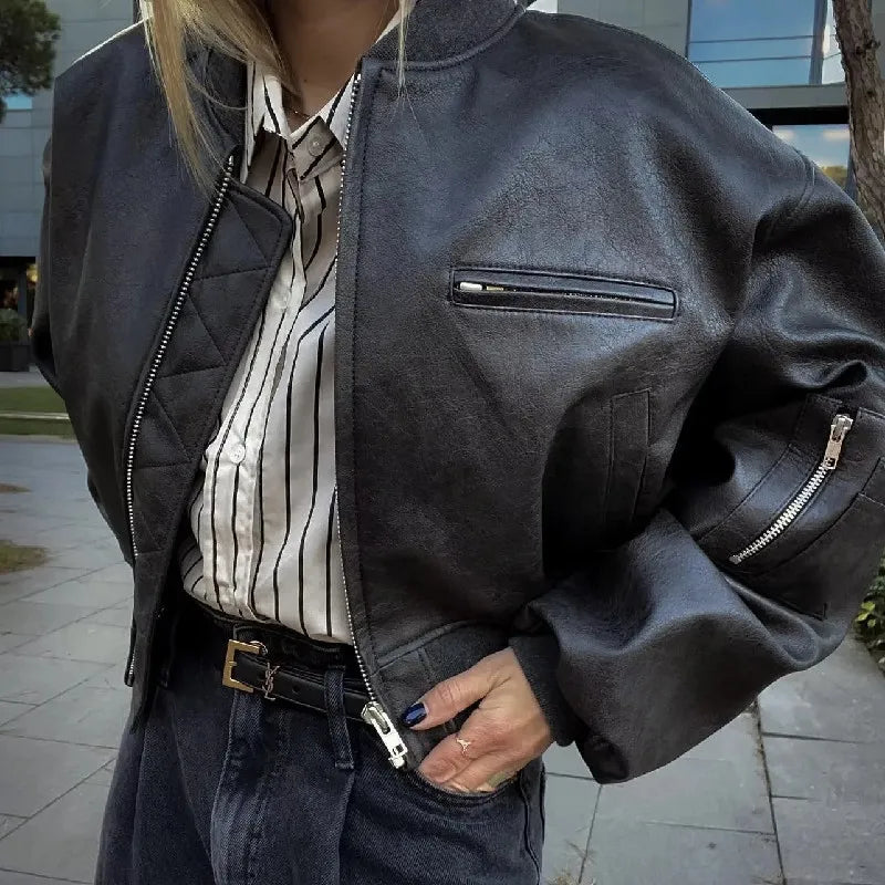 Giacca in Pelle PU Y2K COOL da Donna con Collo a V, Maniche Lunghe, Cerniera, Imbottita, Corta e Larga, Grigia
