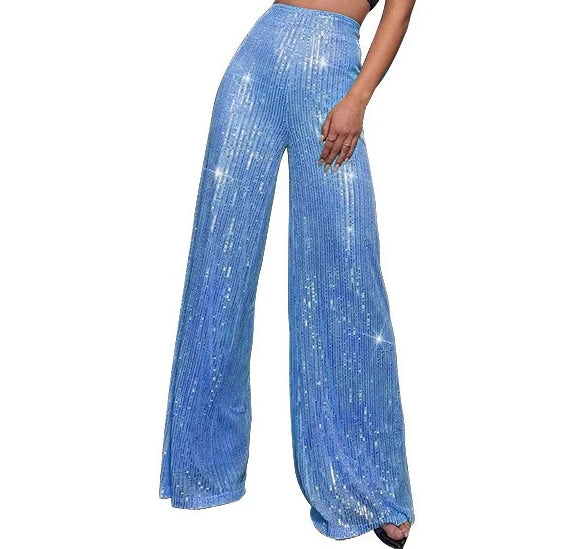 Pantaloni da donna, abbigliamento femminile, vestiti alla moda, pantaloni casual con paillettes, pantaloni eleganti, ampi e fluidi, a gamba larga, hwy5623
