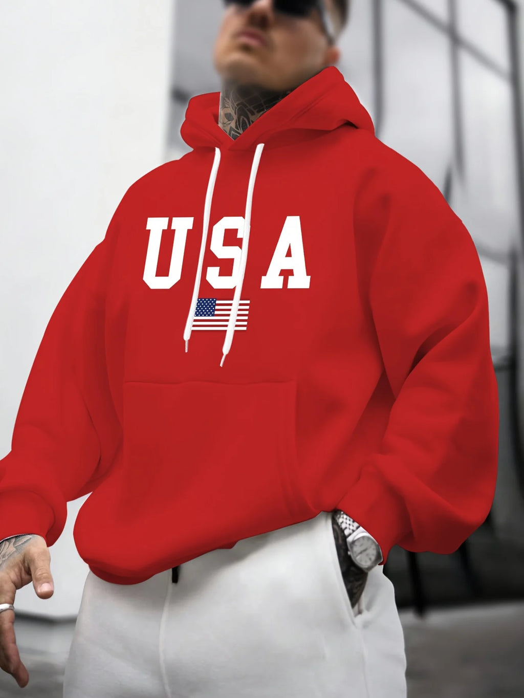 Felpa con Cappuccio da Uomo Autunno-Inverno, Moda Casual, Stampa Grafica Bandiera Americana, Maniche Lunghe, Pullover Caldo