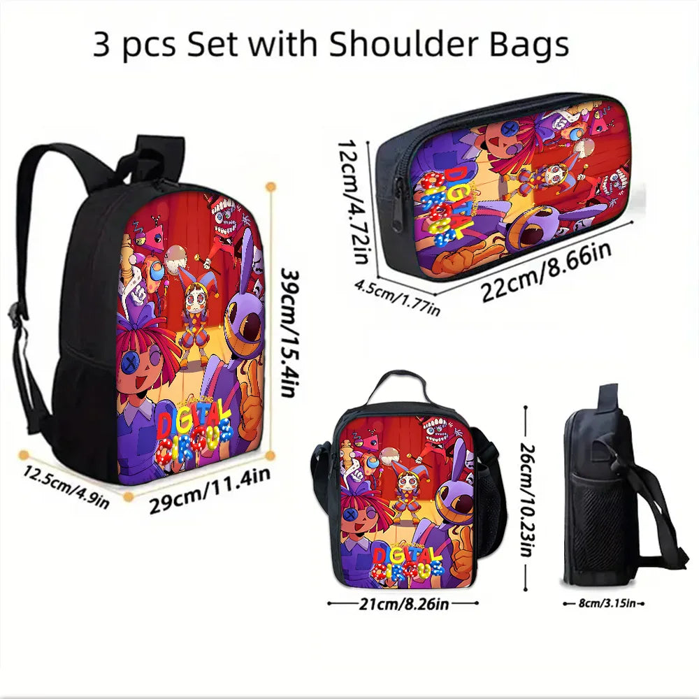 Zaino scolastico per bambini Cartoon A-AmazingS DigitalS Circus con borse per il pranzo, astucci, zaini scolastici per ragazzi e ragazze, miglior regalo