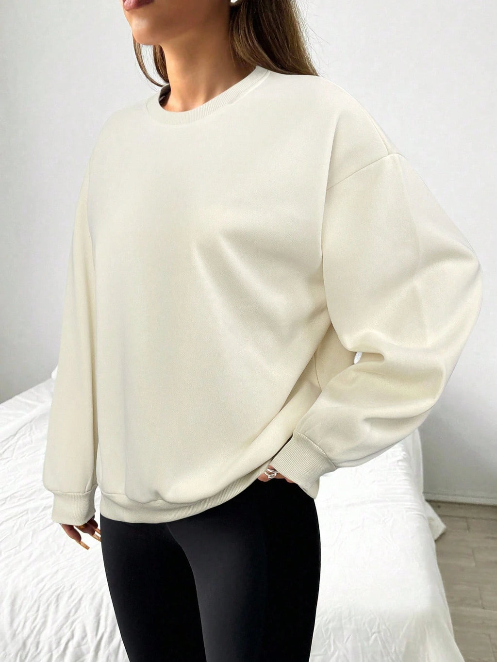 Felpa da donna casual semplice tinta unita ampia a maniche lunghe versione oversize o-collo top basic primavera/autunno streetwear
