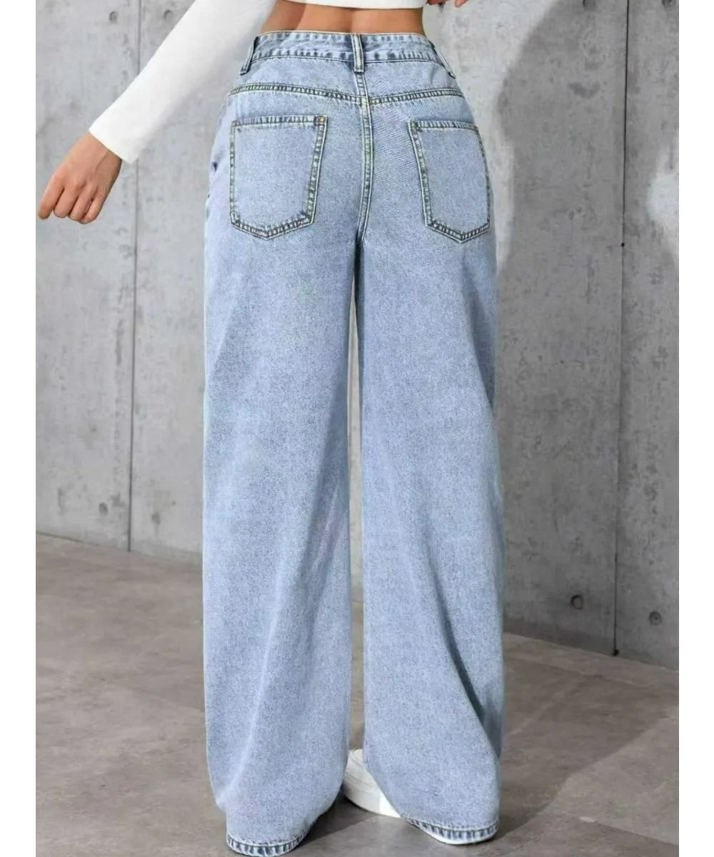 Jeans da donna in denim a gamba larga a gamba dritta Y2K Autunno Inverno 2025 Pantaloni larghi retrò stile coreano Jeans versatili da strada di moda