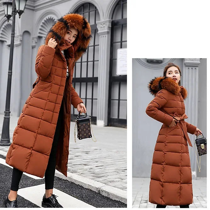 Cappotto Parka lungo in cotone piumino femminile nuovo inverno sopra il ginocchio ampio collo in pelliccia con cappuccio caldo parka spesso soprabito imbottito da donna