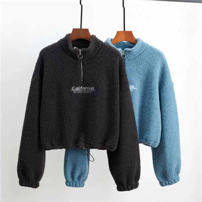 Felpe con cappuccio ritagliate in pile con ricamo a lettera da donna felpe con coulisse a maniche lunghe autunnali nuove magliette Casual in velluto di peluche