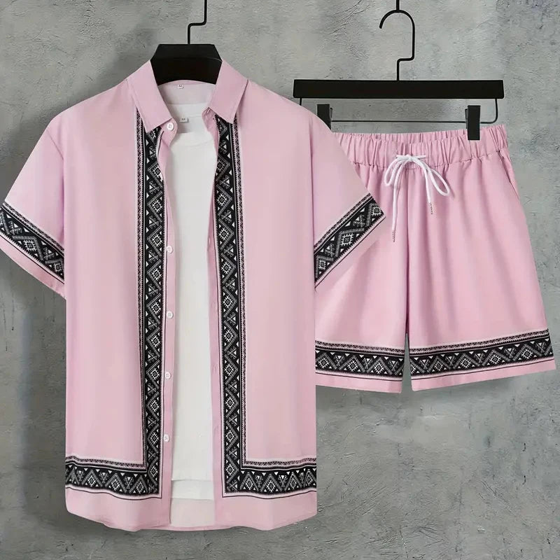 2024 vestito da vacanza estiva dei nuovi uomini camicia con bordo stampato strutturato retrò pantaloncini a maniche corte tuta da piscina traspirante da uomo in due pezzi