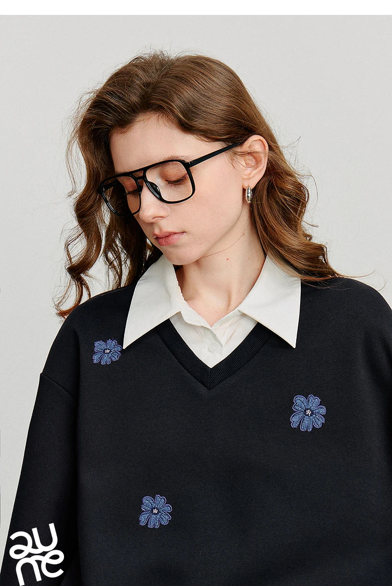 TOYOUTH Felpa da donna 2025 Autunno Nuovo Denim Fiore Ricamo Falso in due pezzi Splicing Colletto rovesciato Pullover casual in cotone