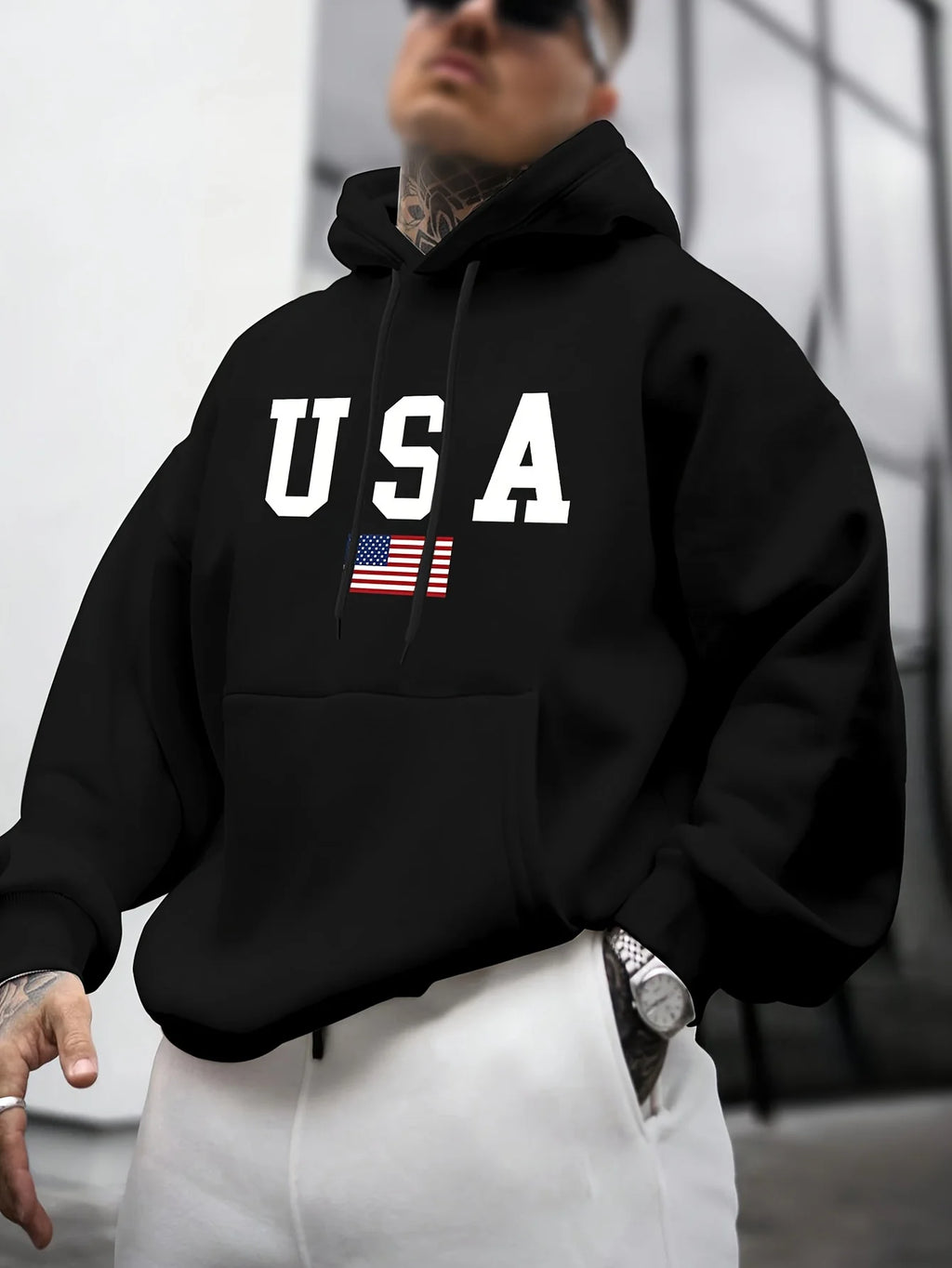 Felpa con Cappuccio da Uomo Autunno-Inverno, Moda Casual, Stampa Grafica Bandiera Americana, Maniche Lunghe, Pullover Caldo