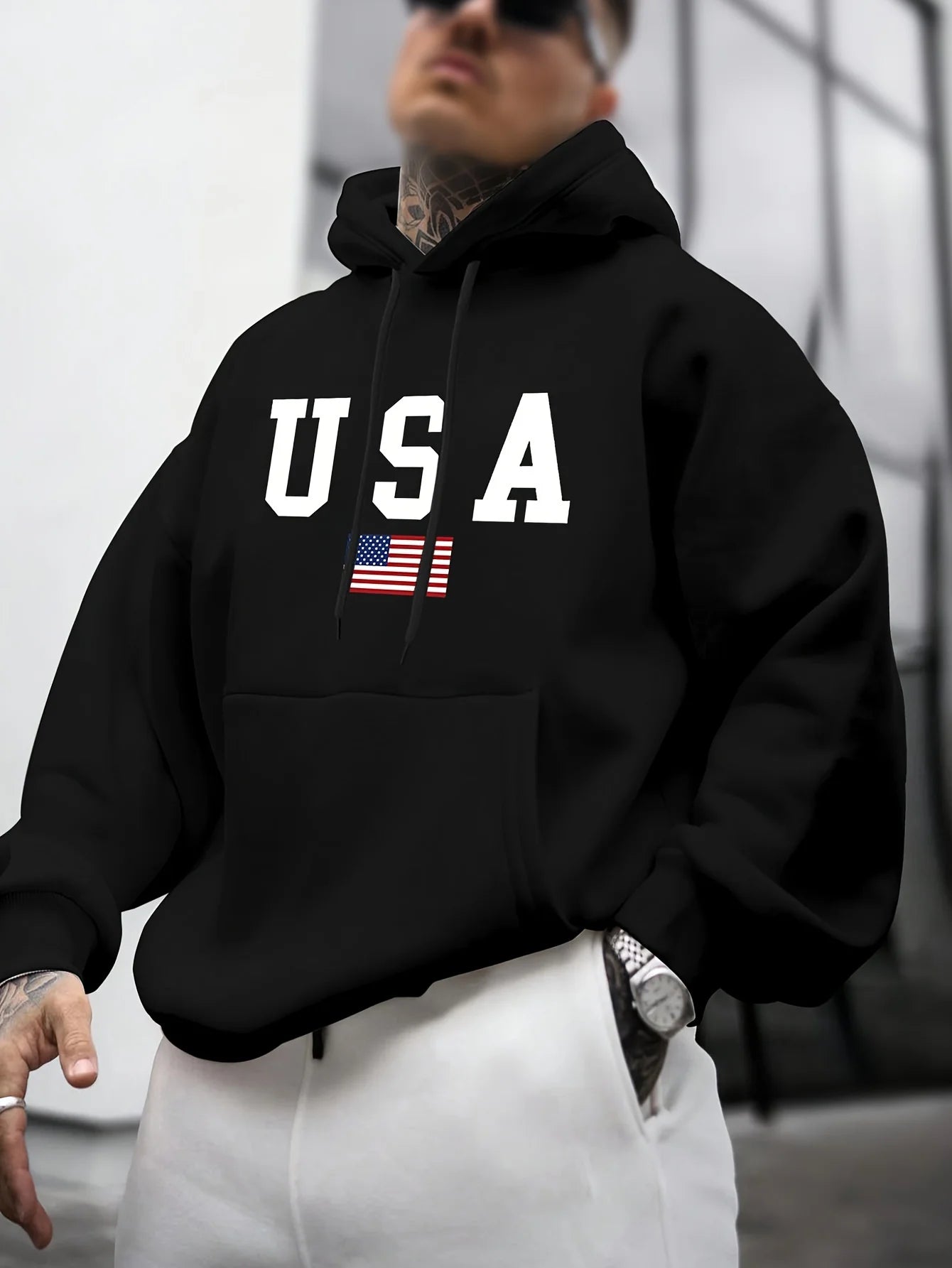 Felpa con Cappuccio da Uomo Autunno-Inverno, Moda Casual, Stampa Grafica Bandiera Americana, Maniche Lunghe, Pullover Caldo
