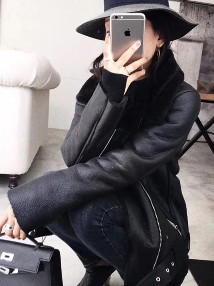 Ailegogo Cappotti Invernali Donna Spessa Pelliccia Sintetica Cappotto di Pelle di Pecora Pelliccia Femminile Giacca Impiombata Aviatore Outwear Casaco Feminino