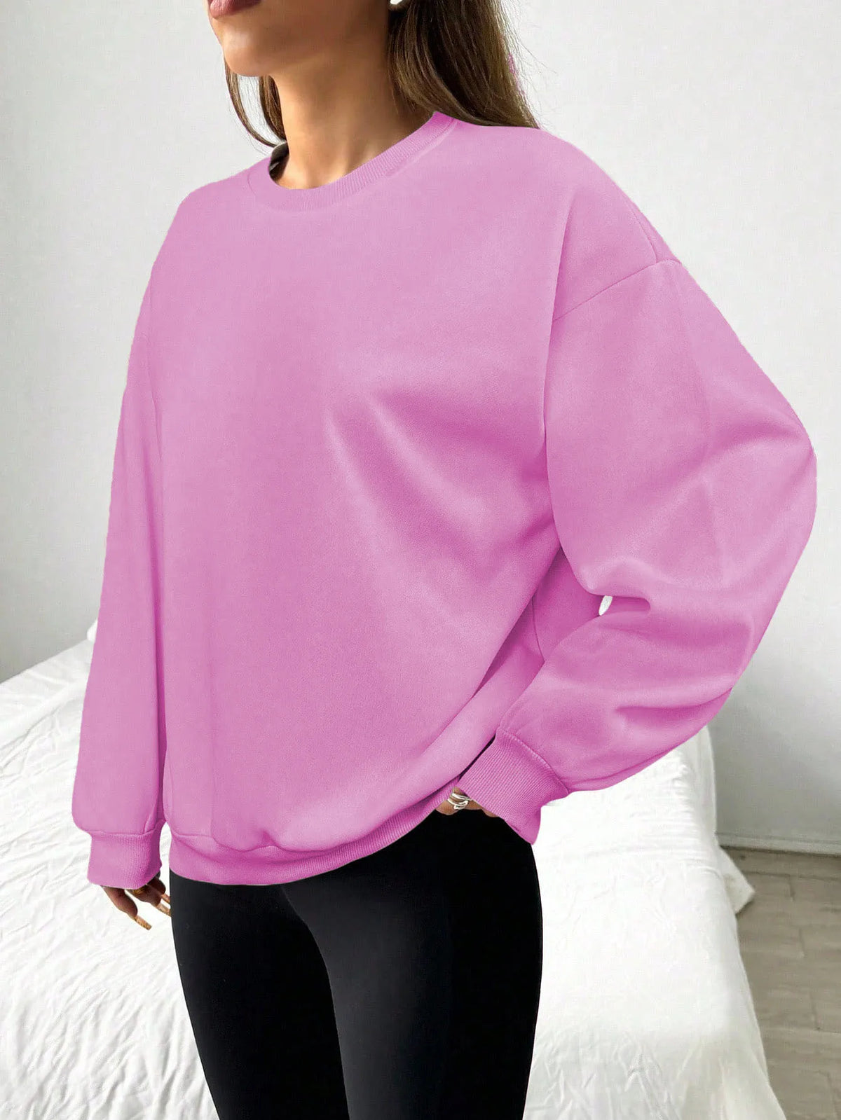 Felpa da donna casual semplice tinta unita ampia a maniche lunghe versione oversize o-collo top basic primavera/autunno streetwear