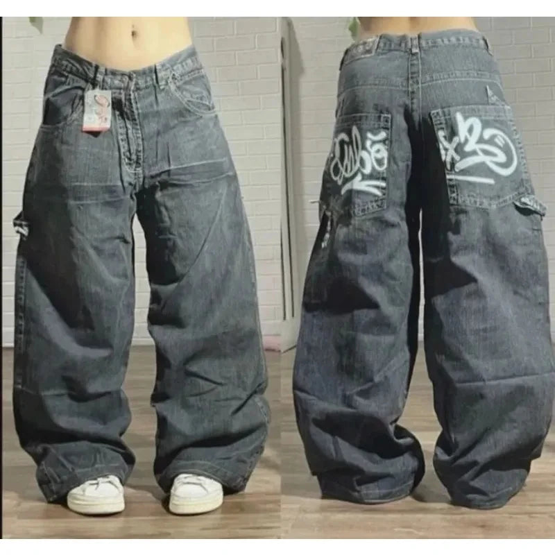 American New Fashion Modello geometrico Jeans larghi ricamati Donna Y2K Harajuku Vintage Hip-hop Pantaloni larghi casual popolari