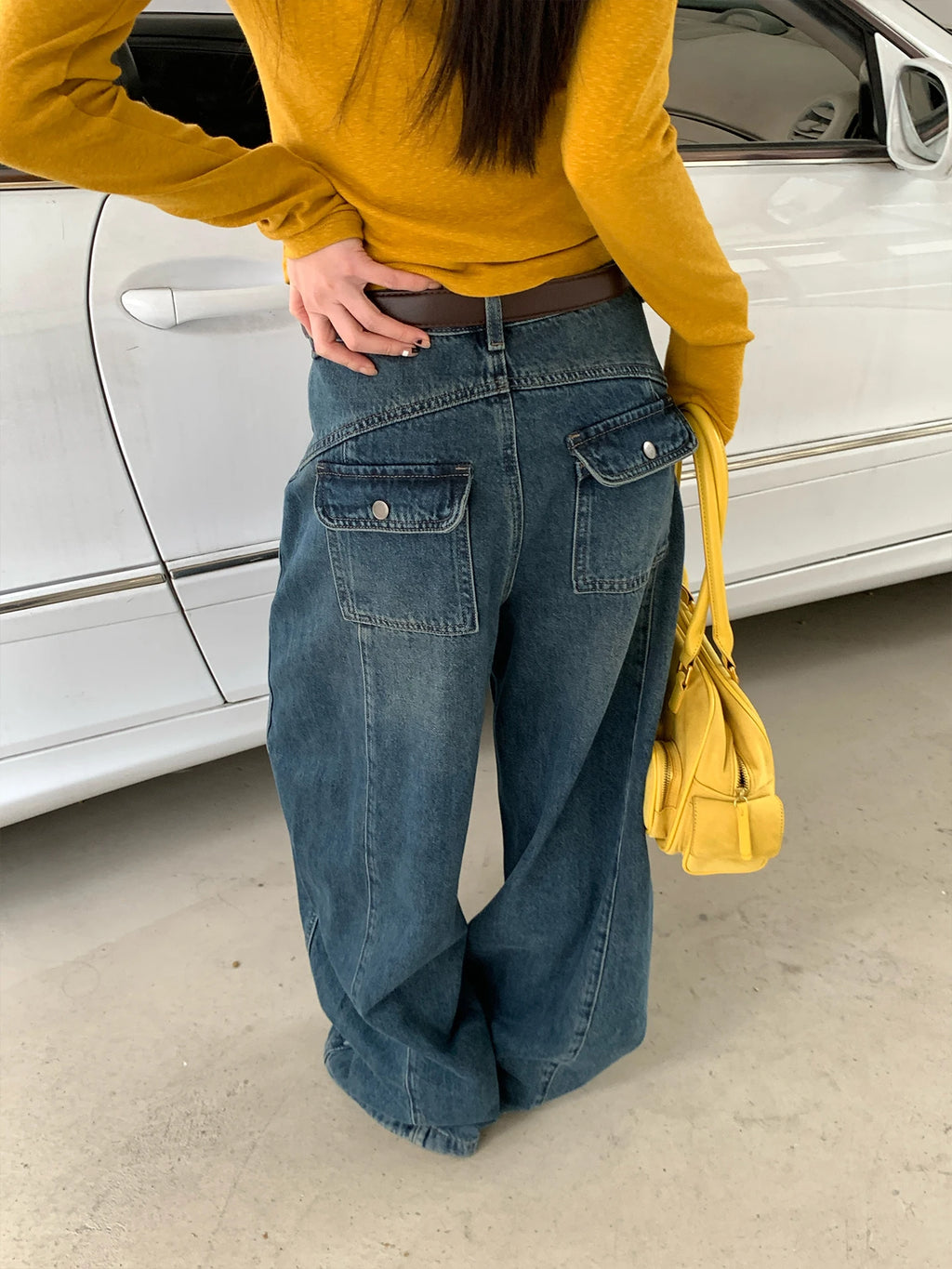 Jeans in denim blu a gamba dritta e vestibilità ampia da donna, pantaloni casual a gamba larga, comodi e rilassanti, stile coreano, per la primavera