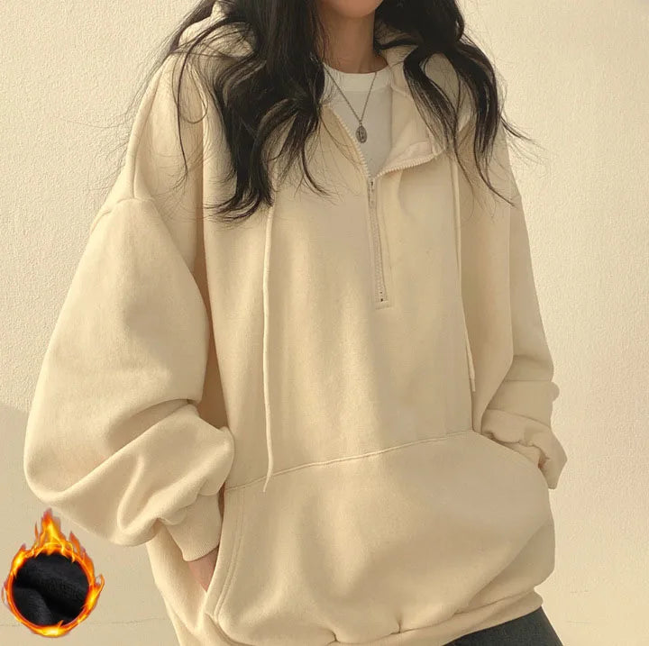 Felpa con cappuccio da donna Harajuku sciolto oversize tinta unita Top mezza Zip felpa donna Casual manica lunga tasca cappotti con cappuccio 2023