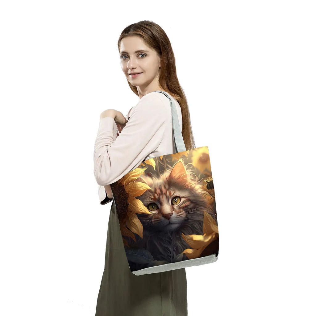 Pretty Cartoon Cat Print borse borse da spiaggia da donna ad alta capacità Cute Animal Graphic Eco borse per la spesa riutilizzabili portatili