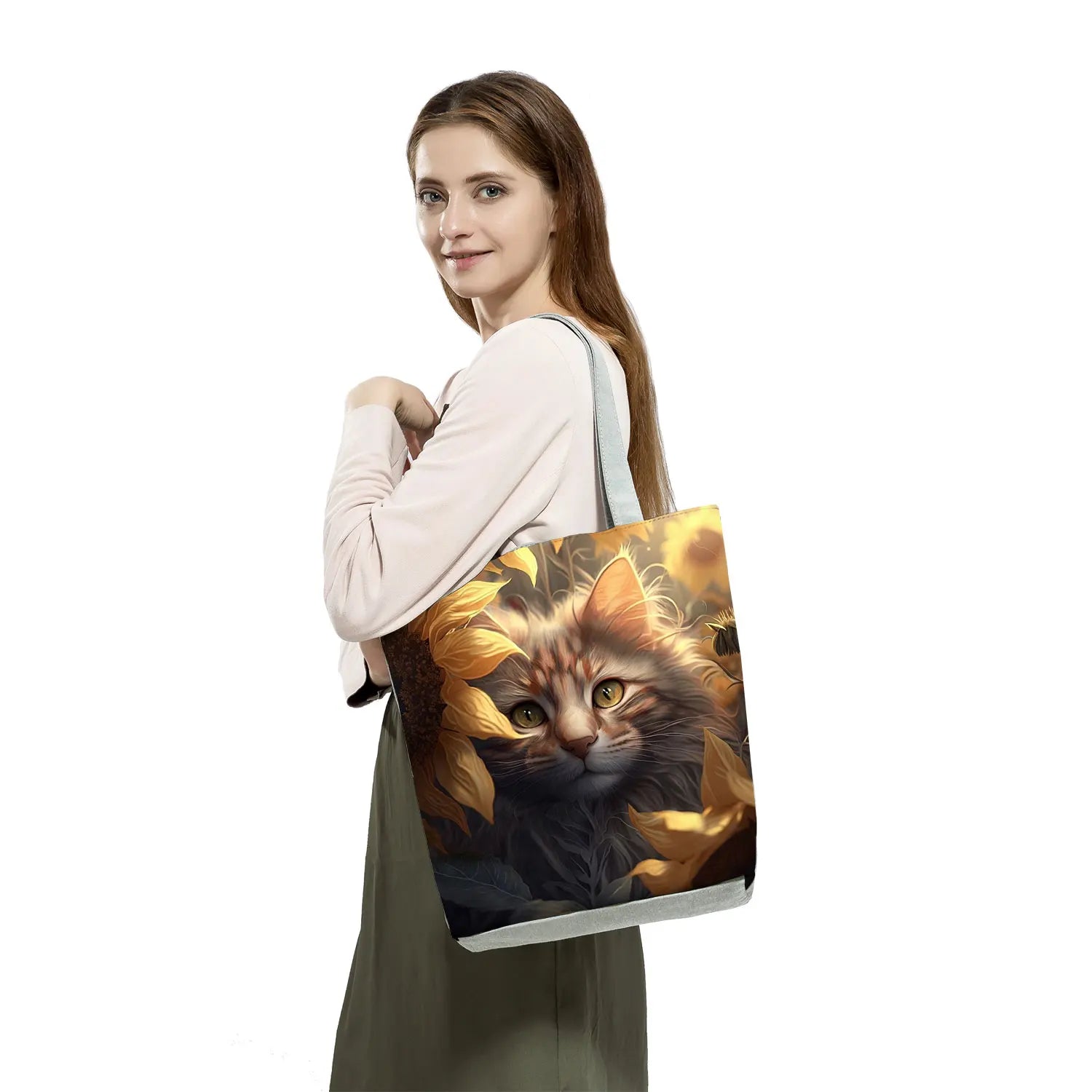 Pretty Cartoon Cat Print borse borse da spiaggia da donna ad alta capacità Cute Animal Graphic Eco borse per la spesa riutilizzabili portatili