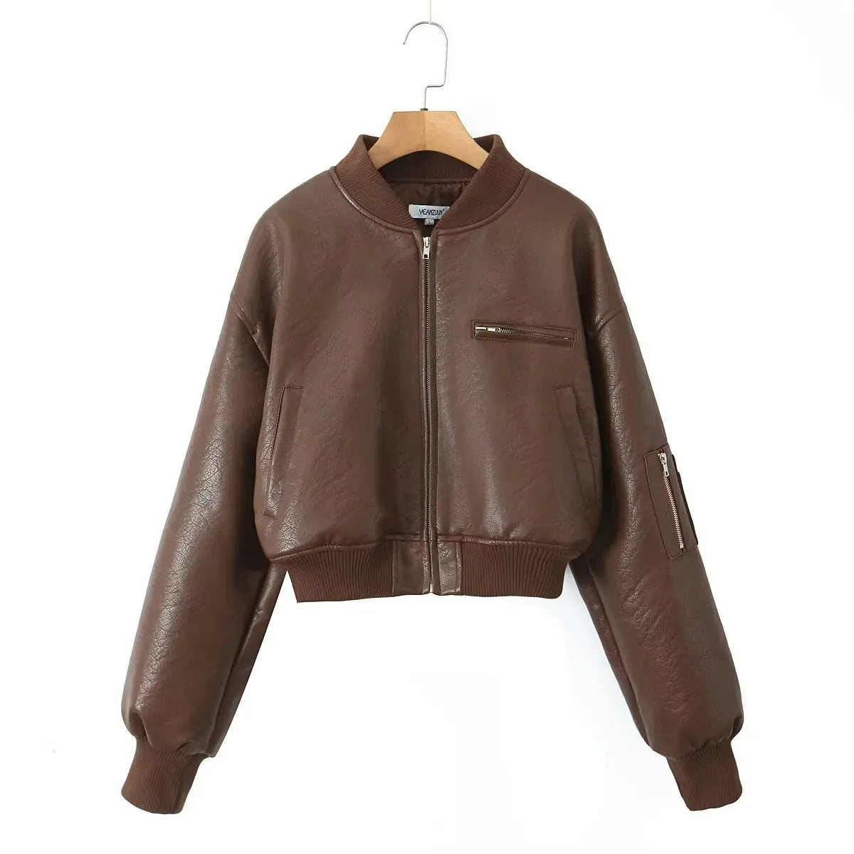 Giacca in Pelle PU Y2K COOL da Donna con Collo a V, Maniche Lunghe, Cerniera, Imbottita, Corta e Larga, Grigia