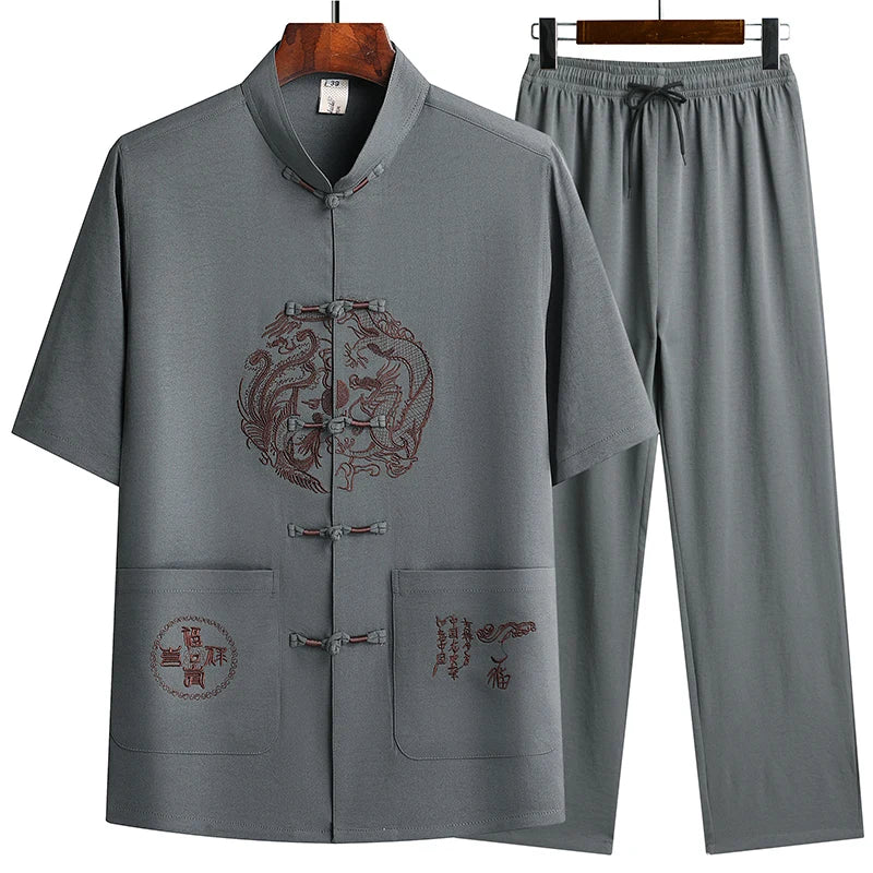 Lino (top + pantaloni) abito Tang cinese in lino arruffato di mezza età da uomo in stile cinese Hanfu nonno vestito in lino