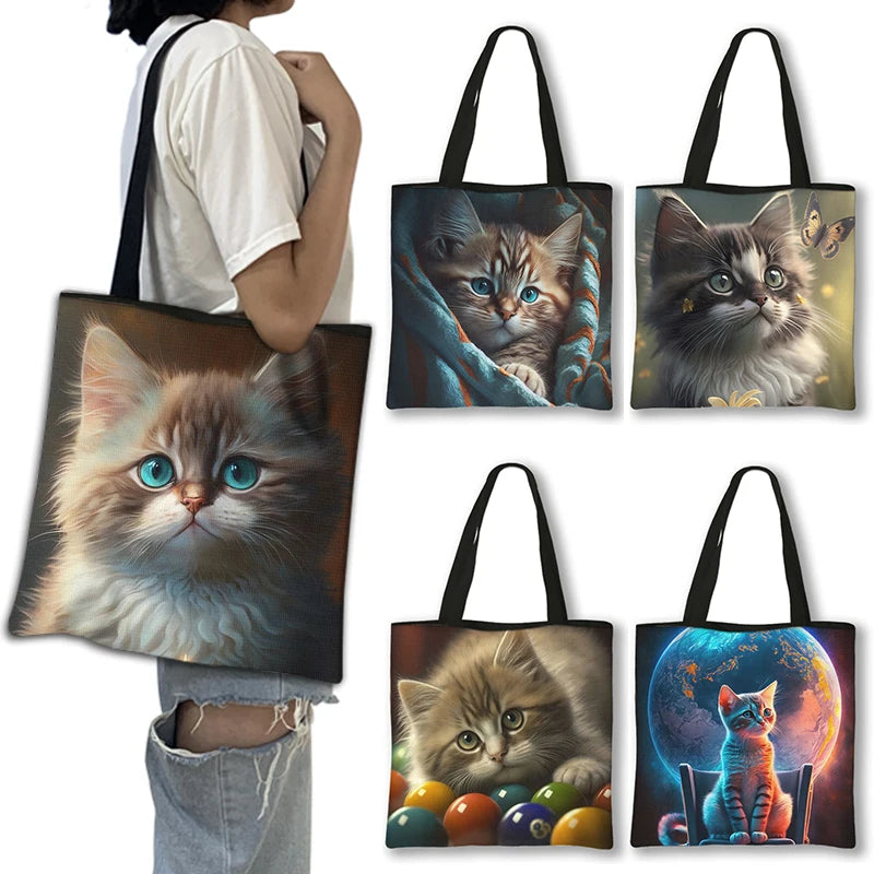 Borsa a tracolla con stampa gattino Kawaii Animali Gatti Cartoon Grafica Totes Borse Borsa da donna di grande capacità Borse shopper riutilizzabili Regalo