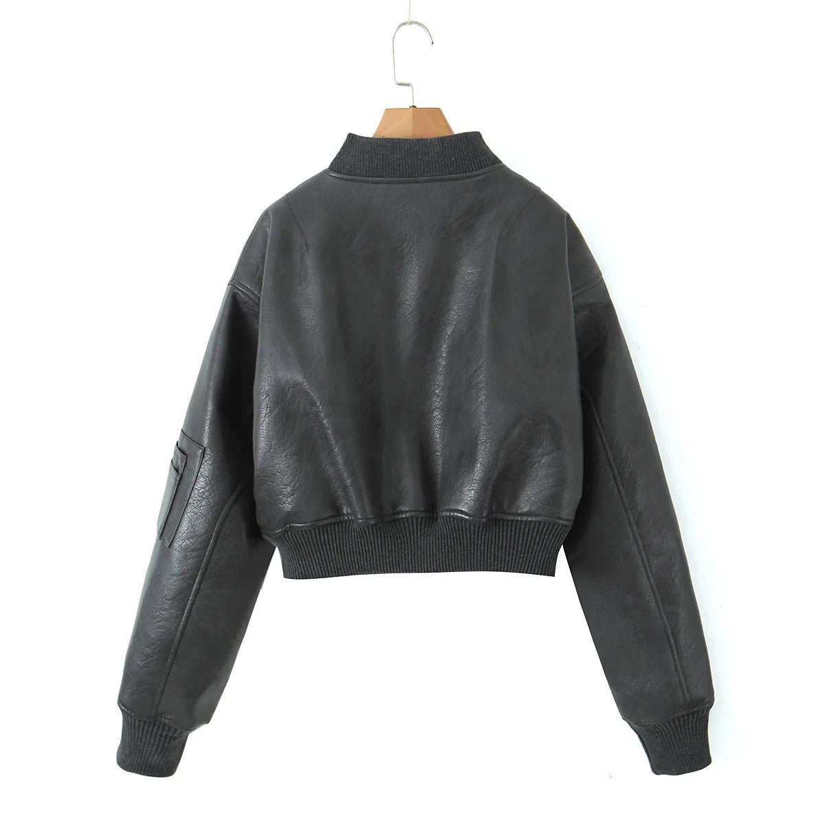 Giacca in Pelle PU Y2K COOL da Donna con Collo a V, Maniche Lunghe, Cerniera, Imbottita, Corta e Larga, Grigia