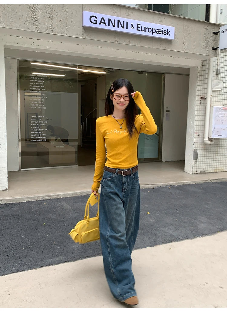 Jeans in denim blu a gamba dritta e vestibilità ampia da donna, pantaloni casual a gamba larga, comodi e rilassanti, stile coreano, per la primavera