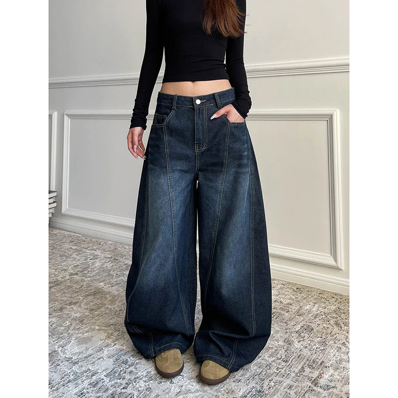 Blu delle Donne Retro Y2K 2000s Gamba Larga Baggy Casual Denim Pantaloni A Vita Alta Jeans Allentati 2024 Autunno Harajuku Pantaloni a Figura Intera