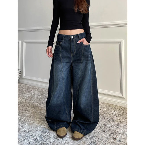 Blu delle Donne Retro Y2K 2000s Gamba Larga Baggy Casual Denim Pantaloni A Vita Alta Jeans Allentati 2024 Autunno Harajuku Pantaloni a Figura Intera