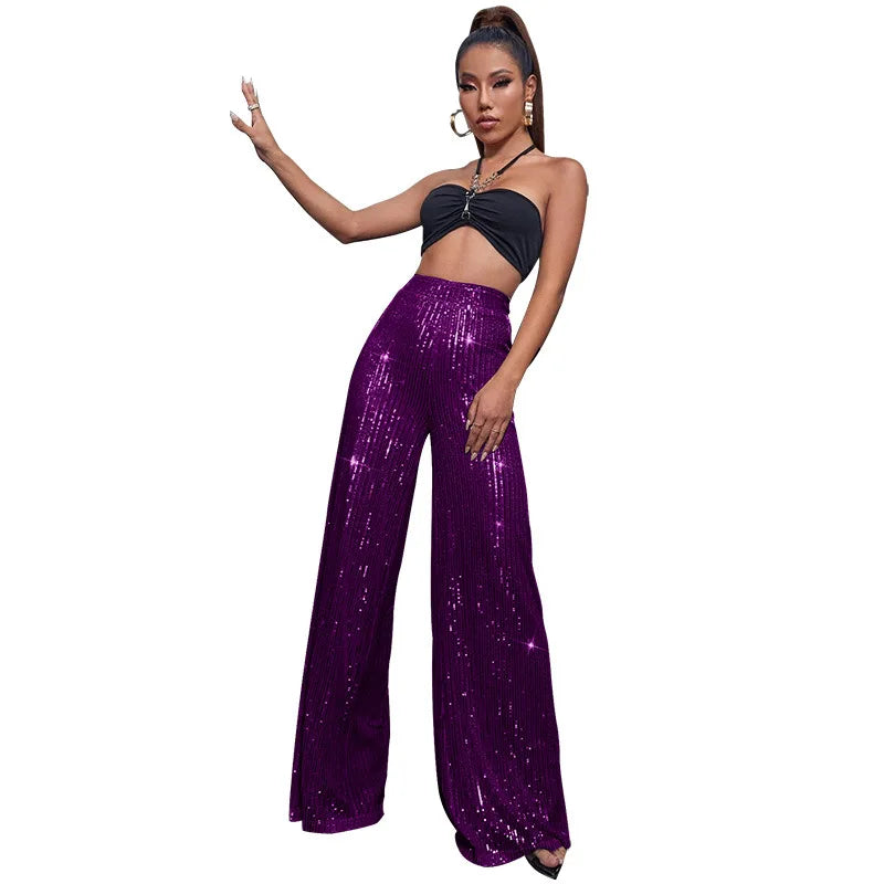 Pantaloni da donna, abbigliamento femminile, vestiti alla moda, pantaloni casual con paillettes, pantaloni eleganti, ampi e fluidi, a gamba larga, hwy5623
